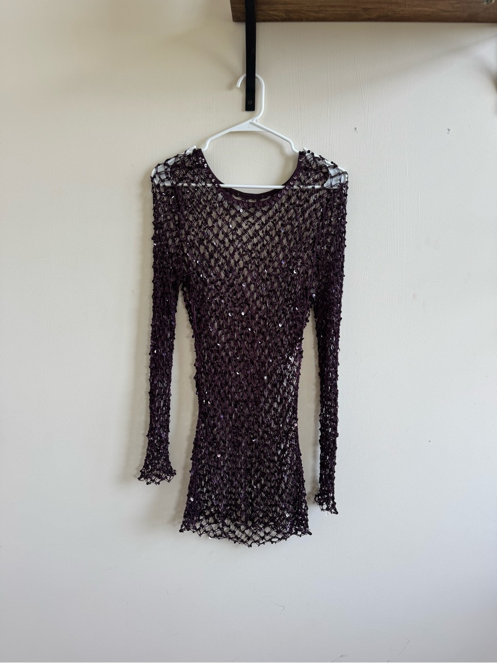 Long-Sleeve Sheer Sequin Knit Dress in Deep Plum